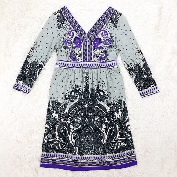 ECI Grey Purple Printed 3/4 Sleeves Empire Waist Stretchy Dress Size Small - Picture 1 of 6